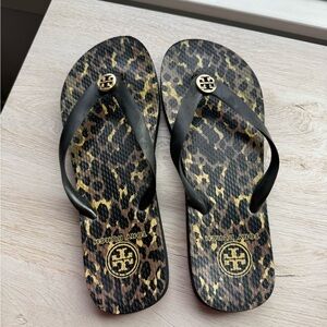 Tory Burch Black and Gold Animal Print Sandals